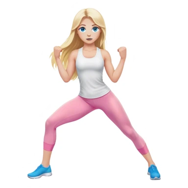 A cinematically realistic blonde with long hair and blue eyes, dressed in a white top and pink leggings, does a sports exercise called lunges sticker
