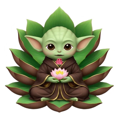Baby Yoda con su tunica chocolate oscuro sentado dentro de una flor de loto estilo chino sticker