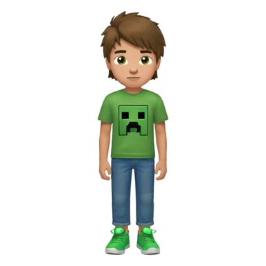 A 14 yerar old teenage boy, slightly tanned, wearing a green minecrcaft tshirt, blue jeans and green sneakers with brown tousled hair, smirking sticker
