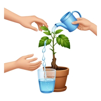 hands pouring water onto a potted plant, simple and friendly sticker