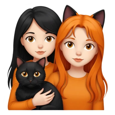 A black long haired girl holding a black cat and an orange long haired cat sticker