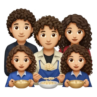 Can you create an emoji of three 23 year olds eating dumplings. One boy with wavy curly hair one Jewish girl with long dark brown curly hair and one half Indian / half white girl with mid length dark brown hair. All brown eyes sticker