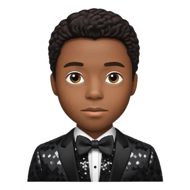  Chadwick Boseman with dark brown hair, black sequin suit with bow tie sticker