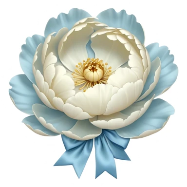 A single oversized peony in the softest shade of ivory sits in the center of a pearl-white canvas, its velvety petals unfolding like a quiet whisper. Wrapped around its stem is a wide, silk bow in a misty blue hue, its fabric pooling slightly onto the surface. The background’s subtle texture reflects light in a way that enhances the depth of the petals, creating an ethereal, almost weightless atmosphere. sticker