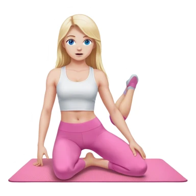 A cinematically realistic blonde with long hair and blue eyes, dressed in a white top and pink leggings, performs a realistic athletic exercise on a mat. sticker