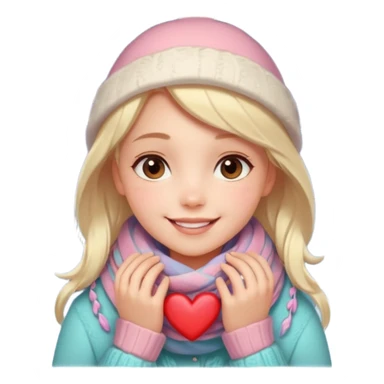 A cute, warm Christmas emoji-style illustration for a romantic A cozy winter atmosphere, soft pastel colors, gentle lighting. A sweet smiling girl with a warm scarf, glowing Christmas lights, snowflakes, and a small heart symbol. clean lines, closeness, and affection.
 sticker