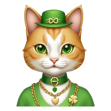 female cat dressed in hip-hop Run DMC style, green outfit, shamrock accessories, gold chains, bling, St. Patrick's Day sticker