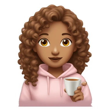 cute brown curlyhaired girl in light pink hoodie with cup of tea sticker