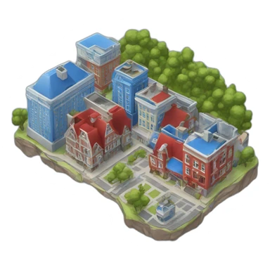 District with larges blue and red buildings at the base sticker