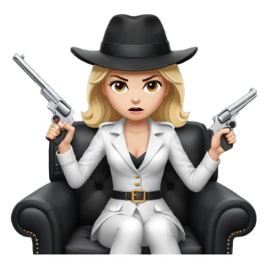 Mafia blondes angry woman in hat , gun ,black armchair , white costume  sticker