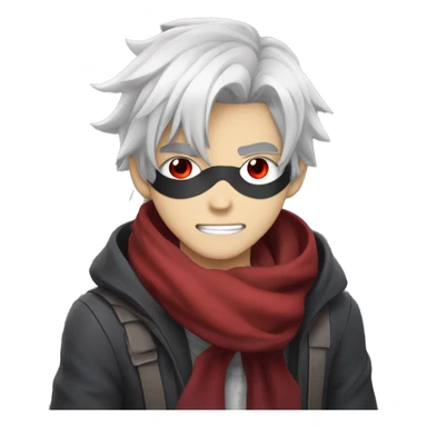 Anime guy, with white messy hair, demonic eye patch, red eyes, crimson scarf around neck, and gray skin  sticker