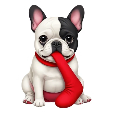 Black and white Bouledogue français eating a red sock  sticker