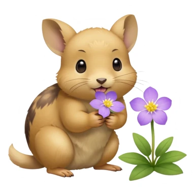 small round pika on all fours, turned at an angle, biting a small light purple flower in its mouth sticker