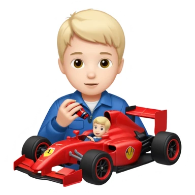 boy playing with formula 1 toy car sticker