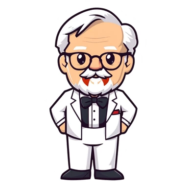 Colonel Sanders KFC, old man with white hair, white goatee, black bow tie, white suit, glasses sticker