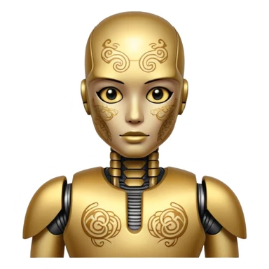 gold Tatooed robot, big many tatooes on chest, neck and face, white tatoo on face sticker