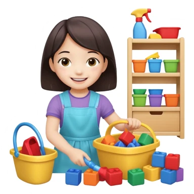 A cute 4-year-old Japanese girl with a big smile, proudly cleaning up her toys by herself in a bright playroom. She is putting colorful blocks and dolls back into baskets, looking happy and accomplished.  sticker