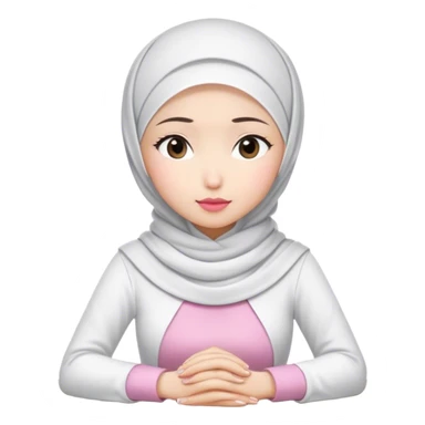A white Asian woman, white hijab women are listening with her hands folded on the table. her lips is pink. her outfit & hijab color is white sticker