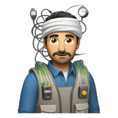 arab man in large bulky vest with many pockets and electrical wires and an analog clock sticker