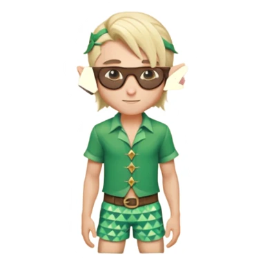 elf male legolas portrait, patterned board shorts (geometric/abstract), unique wooden-framed sunglasses, undercut hairstyle, slight smirk, visible pointy ears, no background, centered emoji, hipster summer vibe sticker