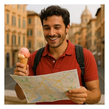 an Italian tourist with a backpack, eating gelato, looking at a city map, relaxed and happy sticker