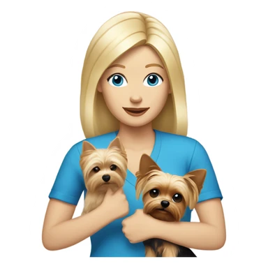 White woman with blonde hair and blue eyes holding yorkie dog with a peace sign  sticker