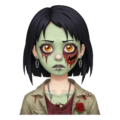 make a zoombie emoji with medium black hair, hime cut, piercing in both eyebrow and septum sticker