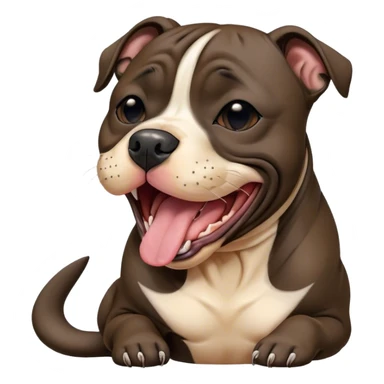 Cinematic Cute Yawning Black/Brindle Staffordshire Bull Terrier Portrait Emoji, Head tilted slightly with a dramatic, wide-open yawn, showcasing a smooth Fur with a striking black and brindle pattern, floppy ears slightly drooping, round dark eyes barely open in drowsy contentment, Simplified yet irresistibly adorable features, highly detailed, glowing with a soft, cozy glow, high shine, relaxed yet expressive, stylized with a touch of whimsy, bright and endearing, soft glowing outline, capturing the essence of a sleepy yet affectionate guardian, so drowsy it feels like it could stretch right out of the screen and curl up for a nap! sticker