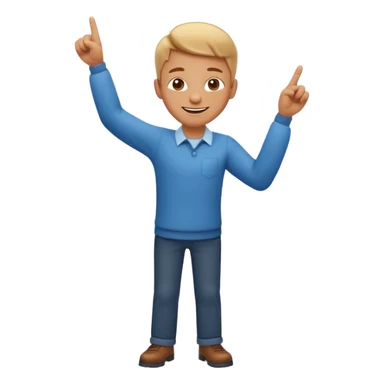 emoji of a cheerful cartoon person pointing down at the ground with both hands — standing straight, smiling confidently, arms bent and both index fingers extended downward — simple background, bright lighting, clean expressive Apple emoji design, playful and clear “here” meaning sticker