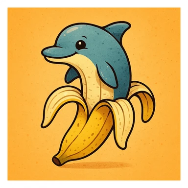 an imaginative and cartoonish dolphin merged with a banana peel, the dolphin's head and fins as the banana's top sticker