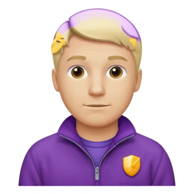 Crea un emoji de un electricista, hombre rubio con pelo corto hacia al lado, sin gafas, con forro polar morada y nombre empresa INDYDES sticker