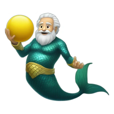 Underwater happy old and bold man mermaid swimming, snorkel equipement, holding a small yellow ball, winning enthousiasm with kungfu pose sticker
