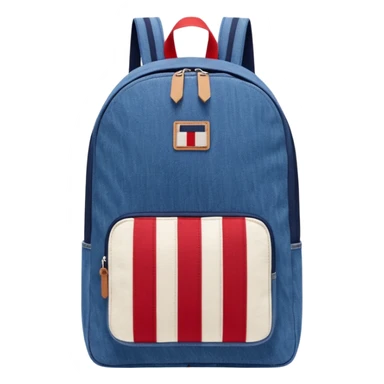 denim backpack with bold red, white, and navy vertical stripes, minimal and flat design, front view, inspired by Tommy Jeans style."
 sticker