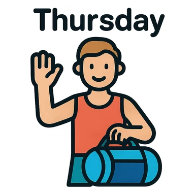 a sportsman holding his gymbag waving his hand goodbye. The word Thursday is above the sportsman sticker