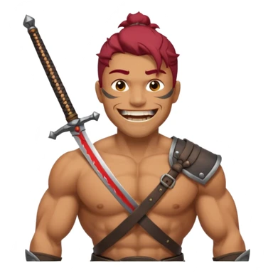 Haz que tenga una sonrisa epica una cicatriz en el ojo serrado y una espada entre los dientes y dos más a cada lado. sticker