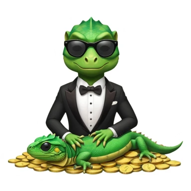 capitalist iguana banker in tuxedo and black sunglasses lying comfortly on coins sticker