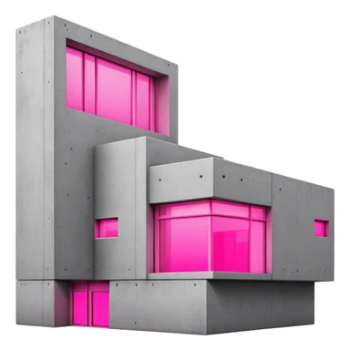 Minimalist concrete building with one window glowing bright pink, brutalist architecture sticker