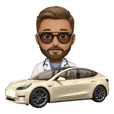 White tesla model 3 with one cool physician with dark blond hair, beard and dark sunglasses next to it sticker