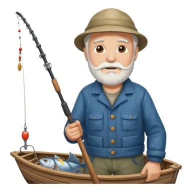 an old white haired, bearded man in fisherman attire, stood in a boat at sea, holding a fishing rod and catching fish with it. sticker