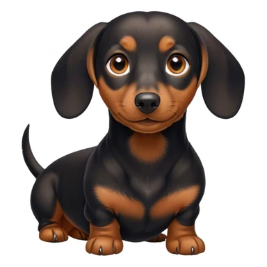 Cinematic Cute black and tan Dachshund Portrait Emoji, Head tilted playfully and inquisitively, featuring a glossy black and tan coat with a sleek sheen, round, sparkling brown eyes filled with curiosity, Simplified yet irresistibly adorable features, highly detailed, glowing with a warm, friendly glow, high shine, affectionate and spirited, stylized with a touch of whimsy, bright and endearing, soft glowing outline, capturing the essence of a mischievous yet loving pup, so playful it feels like it could dash out of the screen and into your arms! sticker
