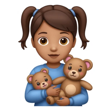 Toddler emoji with two pigtails dark brown hair holding stuff sticker