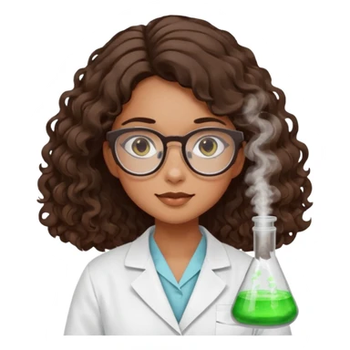 bratz doll with long loose curly dark brown hair, that reaches her lower back glasses that are round cat eye vibes, in a lab coat mixing beakers that glow shes a 4th grade girl sticker