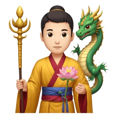 man with asian dragon, scepter, buddhism, lotus sticker