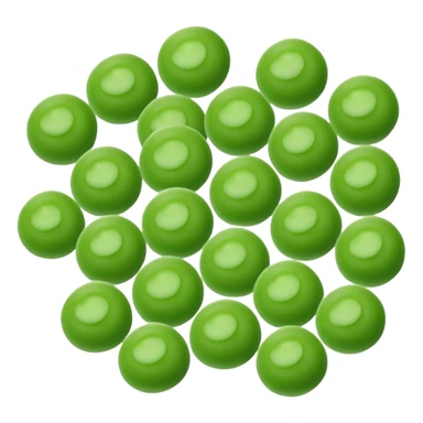 a handful of frozen green peas, scattered, bright green, round, smooth, uniform, frosted matte surface, subtle hue differences, no extras, soft lighting, emoji scale sticker