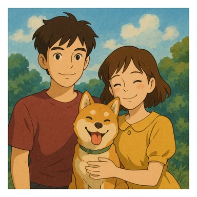 couple with pet posing for photo sticker