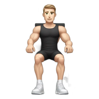 Pale skinned Fit Man With the biceps and dark brown hair in black shirt, gray sports shorts and white Sneakers Sitting on a chair sticker