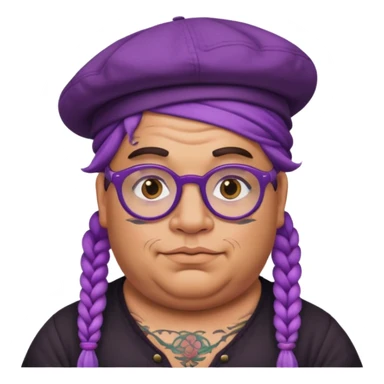 very tattoed face, normal glassess, fat venice gondolier with iconic hat and purple thick braided hair sticker