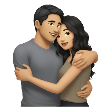 A half pale Asian man with short dark hair and amber eyes embracing and loving a half Asian woman with long wavy dark hair and dark hazel eyes. They love each other a lot And have good fashion taste. And are having a lot of fun sticker