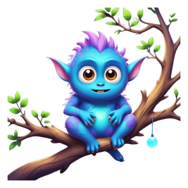 3D, create an image of a cartoon monster with extra big shining eyes sitting on a tree branch, thomas kinkade and paul lehr, pixar cute character design, by Anne Stokes, splashes of neon galaxies, adorably cute, drew struzan inspiration, 2019, by Wojciech Korneli Stattler, beautiful matte painting sticker
