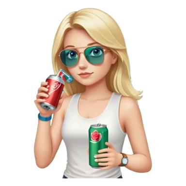 girl with long blond hair
with blue eyes
and aviator sunglasses
wearing white tank top 
holding a soda can
wearing (rose gold apple watch with forest green band) sticker